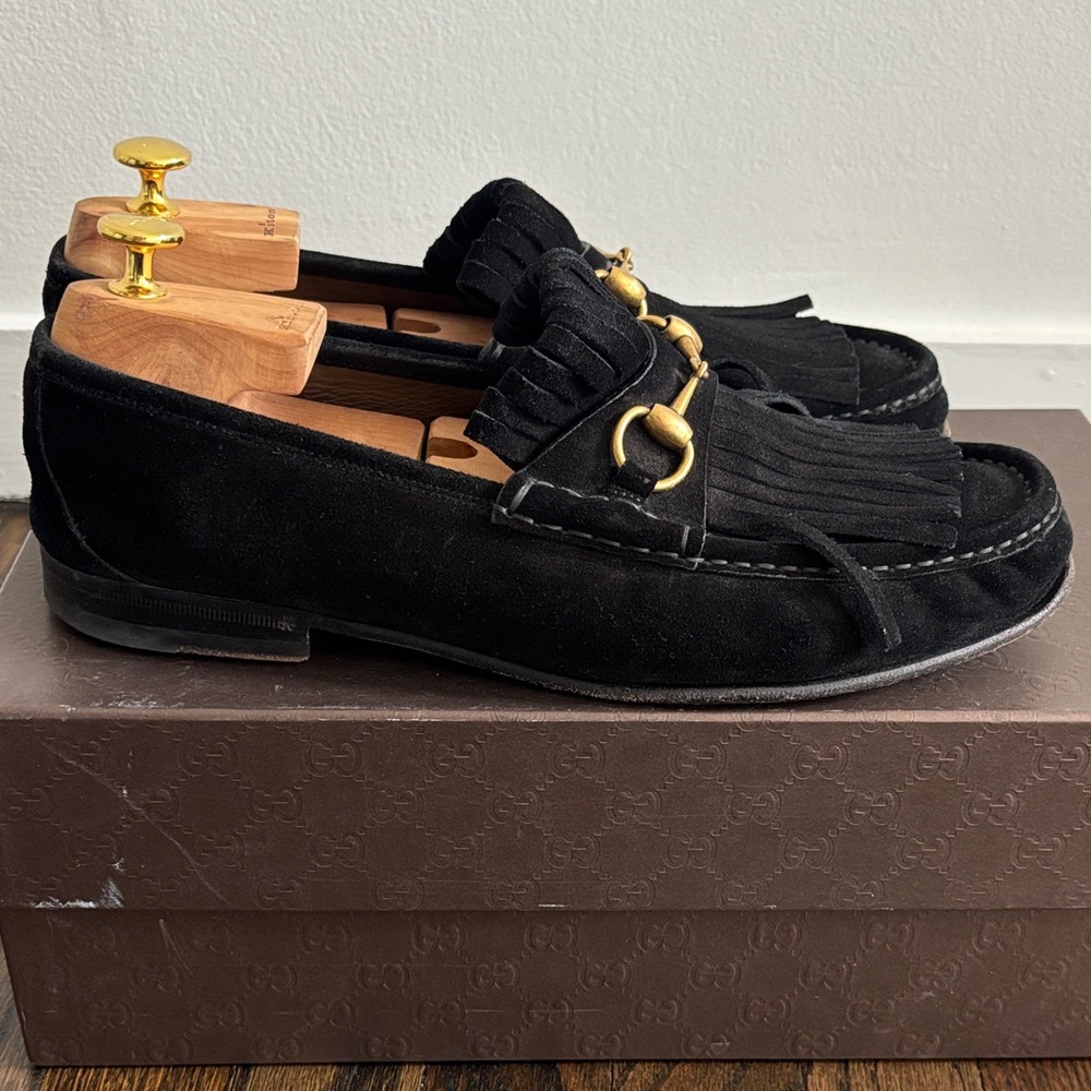 Gucci Men’s Dark Brown Suede Loafers with Gold Bit Detail, size 10